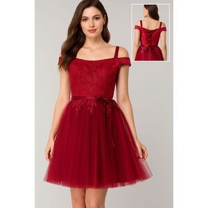 Scarlett Cherry Red Embroidered Homecoming Lace Up Mini Dress Size 8 NWT